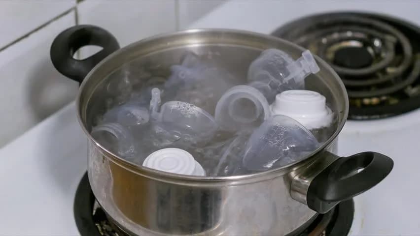 Baby feeding equipment being boiled in a pot